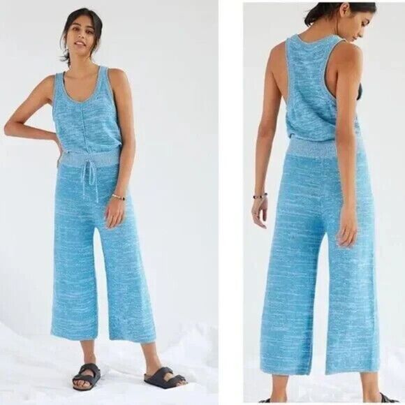 Daily Practice Jumpsuit M Blue White Marled Knit Sleeveless Cropped‎ Wide Leg - Picture 1 of 11